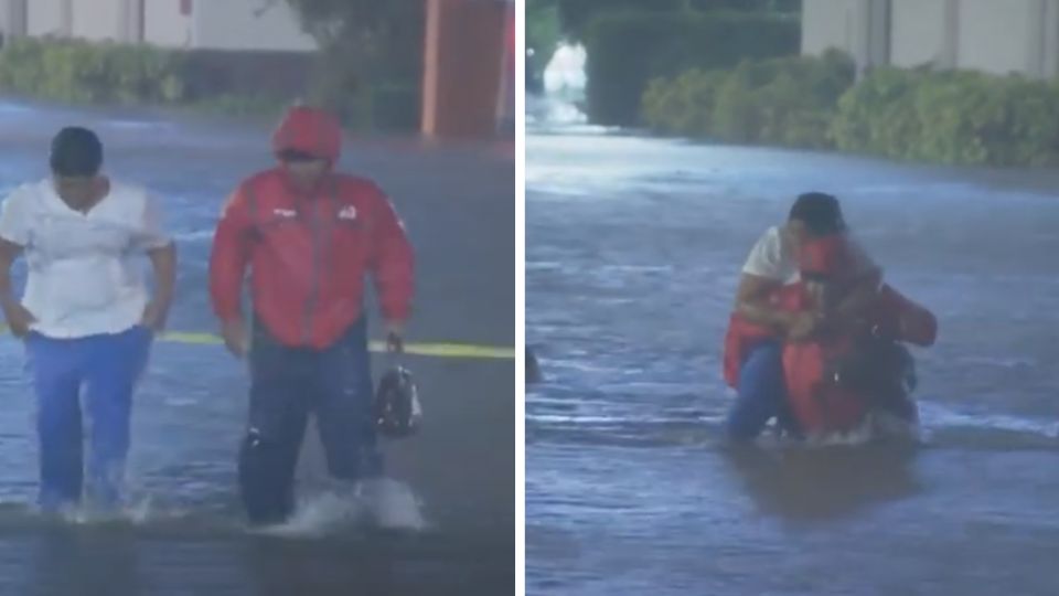 Reportero salva a una mujer de auto inundado.