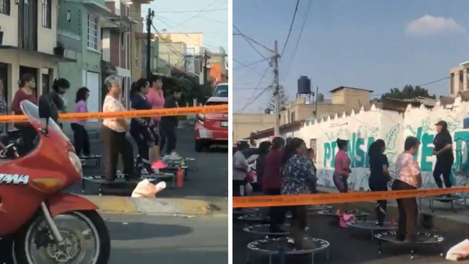 Mujeres toman clase de jumping fitness en la calle.