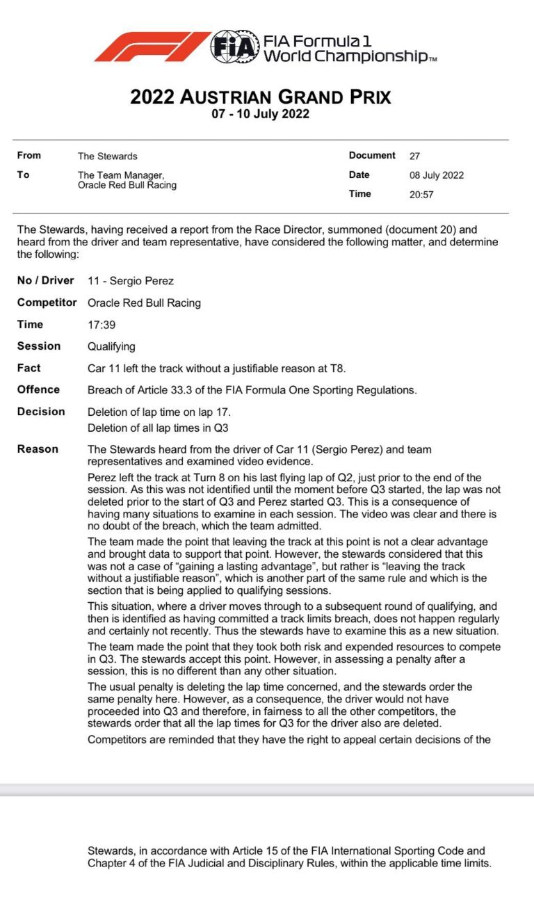 Comisarios de la F1 penalizan a Checo