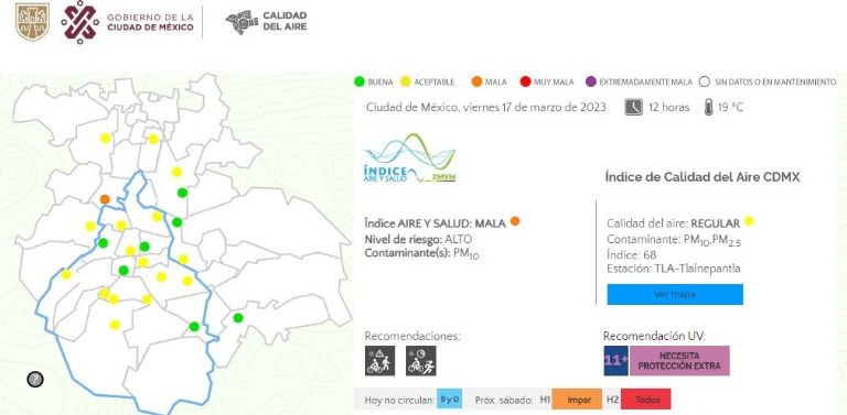 Sistema de monitoreo atmosférico, Calidad del aire, Riesgo a la salud, Actividad física o vigorosa, Temperatura máxima, Temperatura mínima, Ciudad de México, Zona conurbada, Índice UV, Radiación Solar, Tlalnepantla