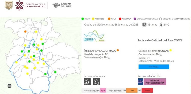 Sistema de monitoreo atmosférico, Calidad del aire, Riesgo a la salud, Actividad física o vigorosa, Temperatura máxima, Temperatura mínima, Ciudad de México, Zona conurbada, Índice UV, Radiación Solar, Villa de las Flores