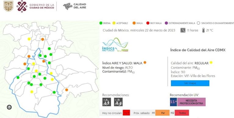 Sistema de monitoreo atmosférico, Calidad del aire, Riesgo a la salud, Actividad física o vigorosa, Temperatura máxima, Temperatura mínima, Ciudad de México, Zona conurbada, Índice UV, Radiación Solar, Chalco, Naucalpan, Coacalco, Tlalnepantla, Gustavo A Madero
