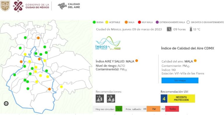 Sistema de monitoreo atmosférico, Calidad del aire, Riesgo a la salud, Actividad física o vigorosa, Temperatura máxima, Temperatura mínima, Ciudad de México, Zona conurbada, Tláhuac, Coacalco, Gustavo A Madero, Naucalpan, Altas temperaturas, Índice UV, Radiación Solar, Villa de las Flores