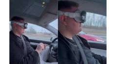 VIDEO: ¡Sin las manos al volante! Con los lentes de realidad virtual manejan un Tesla