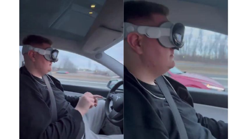 VIDEO: ¡Sin las manos al volante! Con los lentes de realidad virtual manejan un Tesla