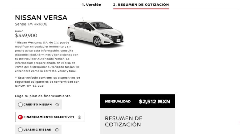 Mensualidades Nissan Versa 2024 