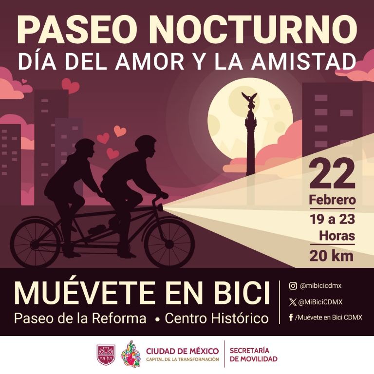 Qué día es el paseo nocturno en bicicleta del Día del Amor y la Amistad en CDMX